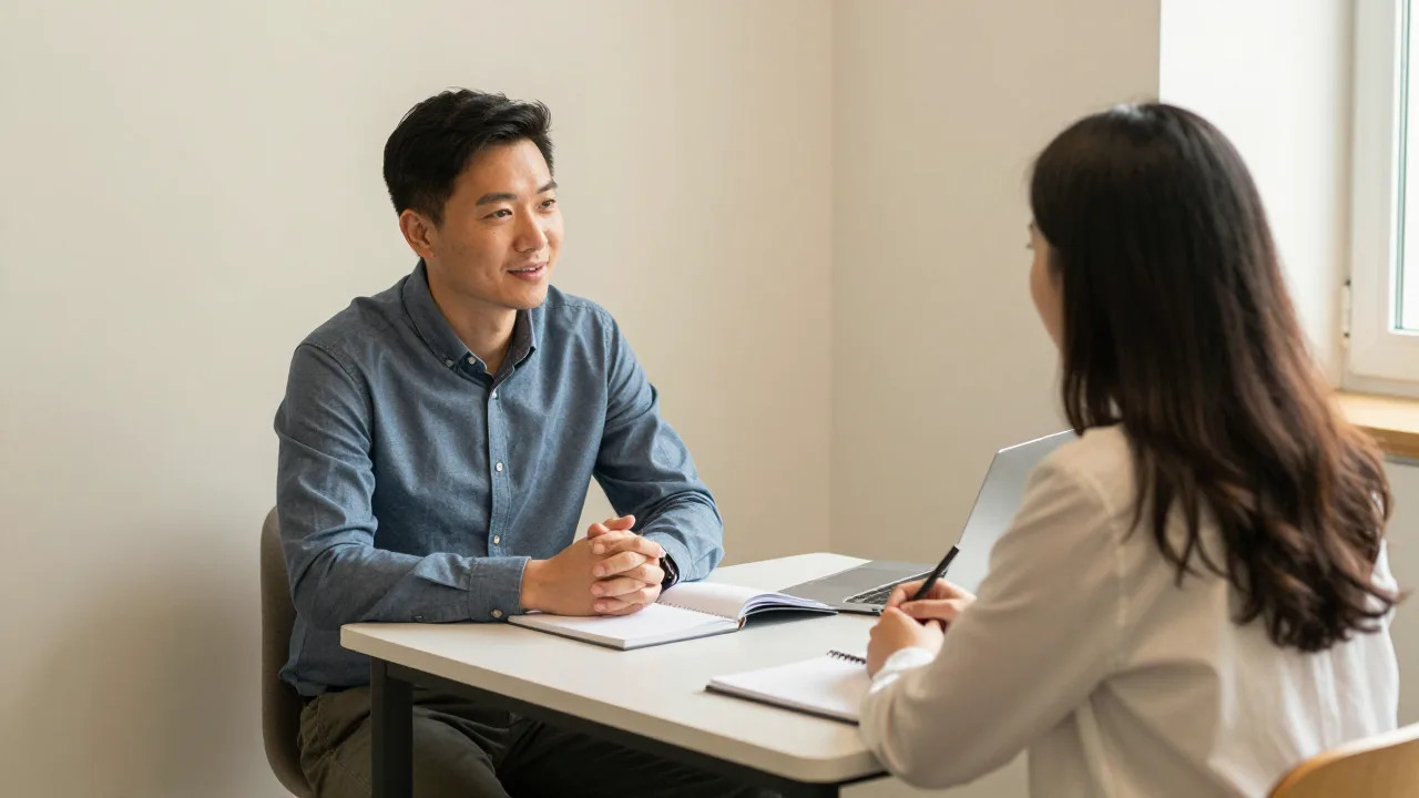 A manager and an employee talking across a small table in a quiet corner of a workplace with notebooks open