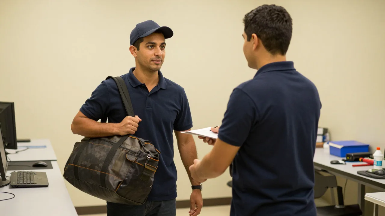 Two employees passing each other at a shift change in a workplace back room, one arriving with a bag and one leaving