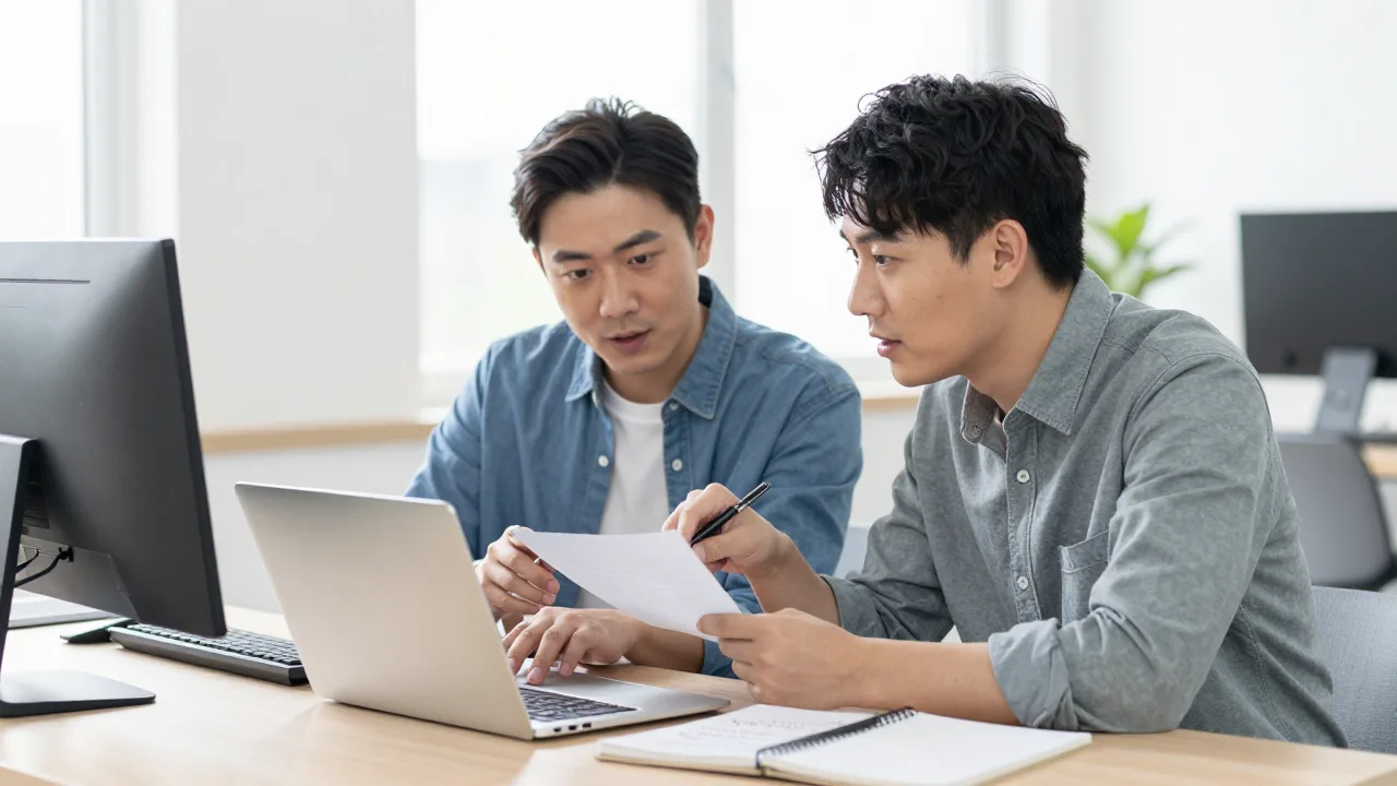 Two small-business colleagues comparing software options on a laptop at a shared desk with handwritten notes beside them