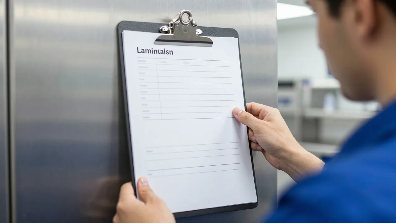 A laminated checklist clipped to a stainless steel wall in a clean back-of-house workspace with a worker referring to it