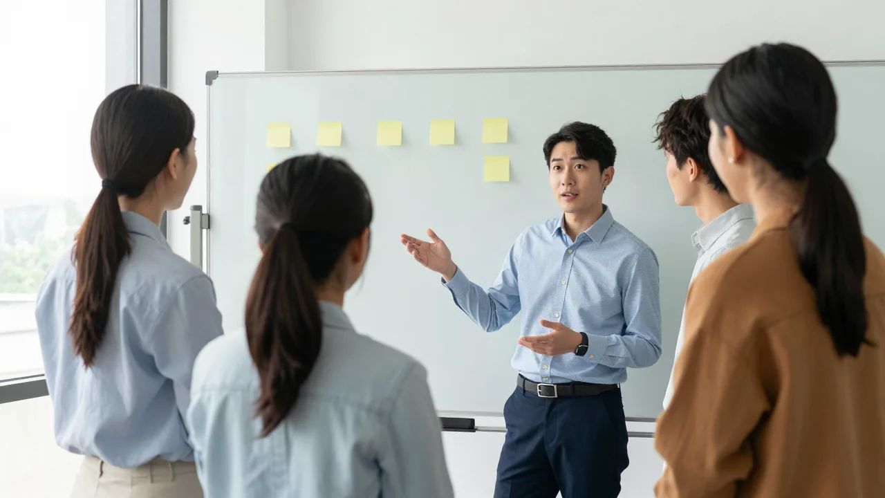 Four colleagues standing around a whiteboard covered in sticky notes while one explains who owns each task
